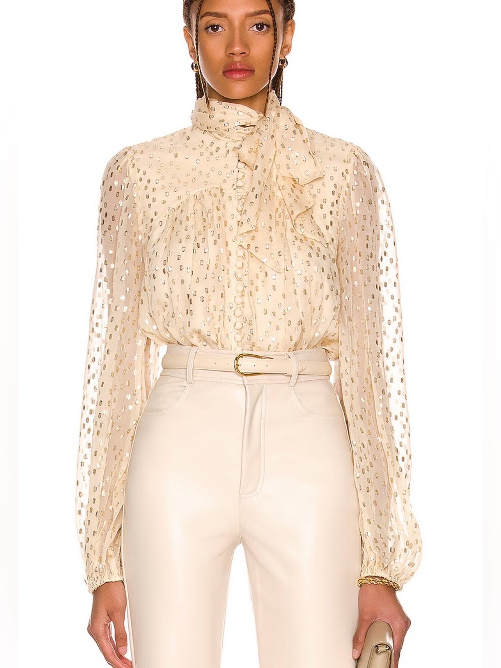 ZIMMERMANN Georgette Tie Neck Sheer Silk Blend Top In Champagne And Gold Sz M